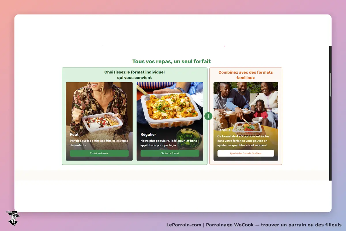 WeCook : page d'accueil avec options de repas individuels et familiaux. Images de plats variés