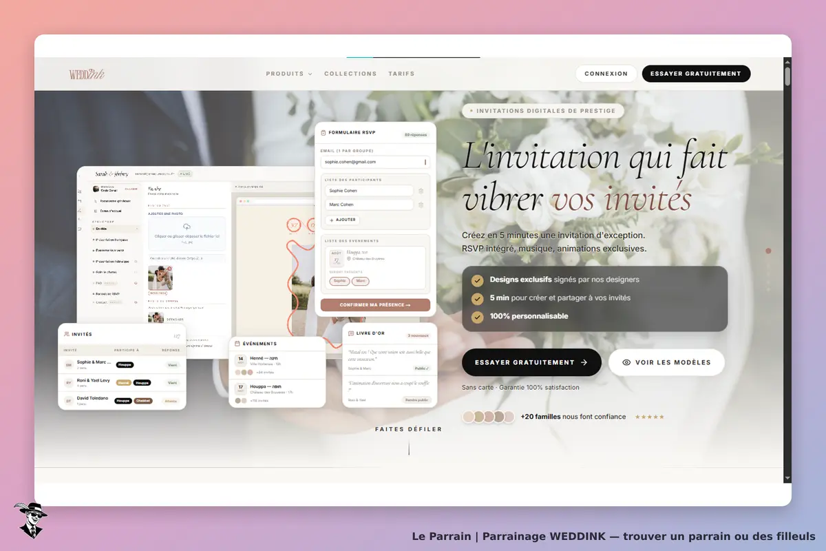 WEDDINK : page d'accueil avec formulaire RSVP et options d'invitation digitale personnalisable