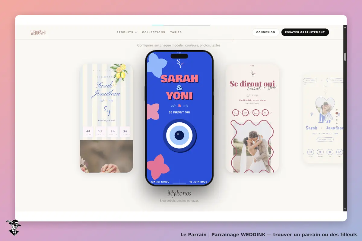 WEDDINK : trois modèles d'invitations de mariage affichés sur des smartphones