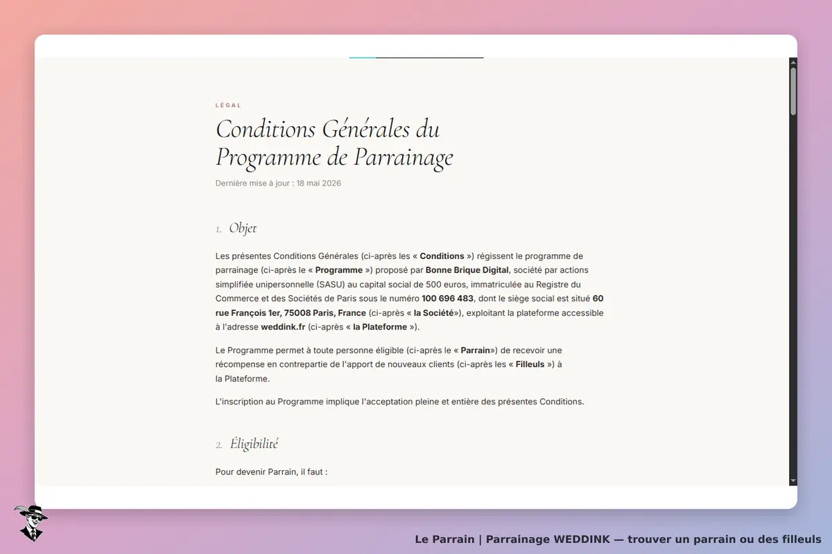 WEDDINK : conditions générales du programme de parrainage affichées sur une page légale