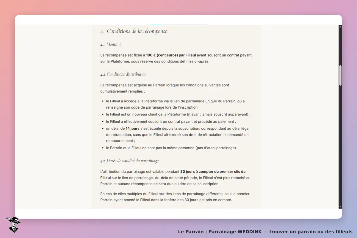 WEDDINK : conditions de la récompense pour le parrainage, texte explicatif sur les critères
