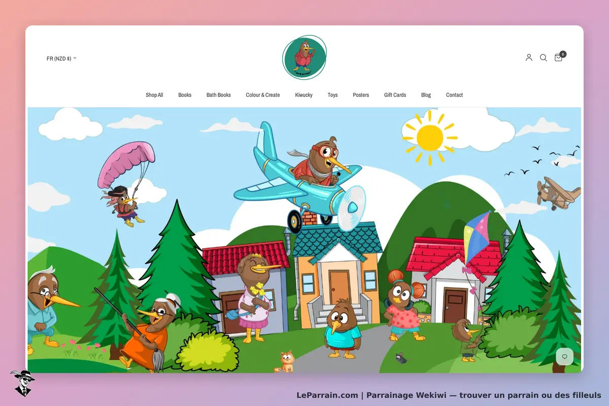 Wekiwi : illustration colorée avec des oiseaux dans un paysage animé et des maisons