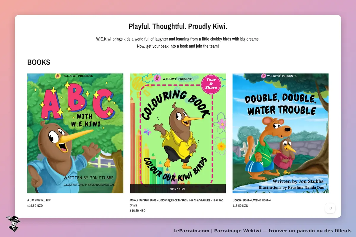 Wekiwi : trois couvertures de livres colorés avec des personnages d'oiseaux et des titres créatifs
