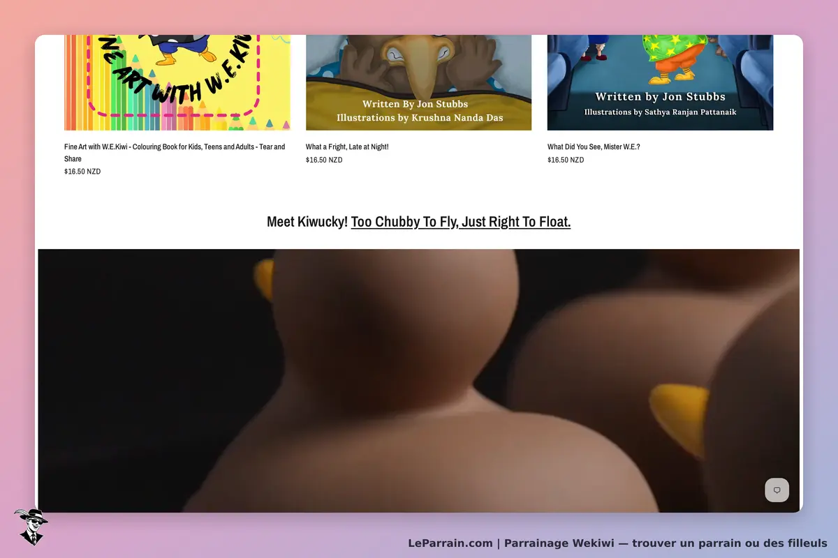 Wekiwi : page d'accueil avec des illustrations de livres et un personnage nommé Kiwucky