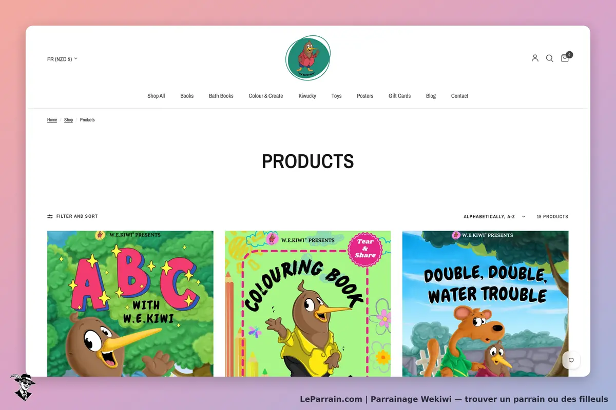 Wekiwi : page de produits avec trois livres illustrés et le logo de la marque en haut