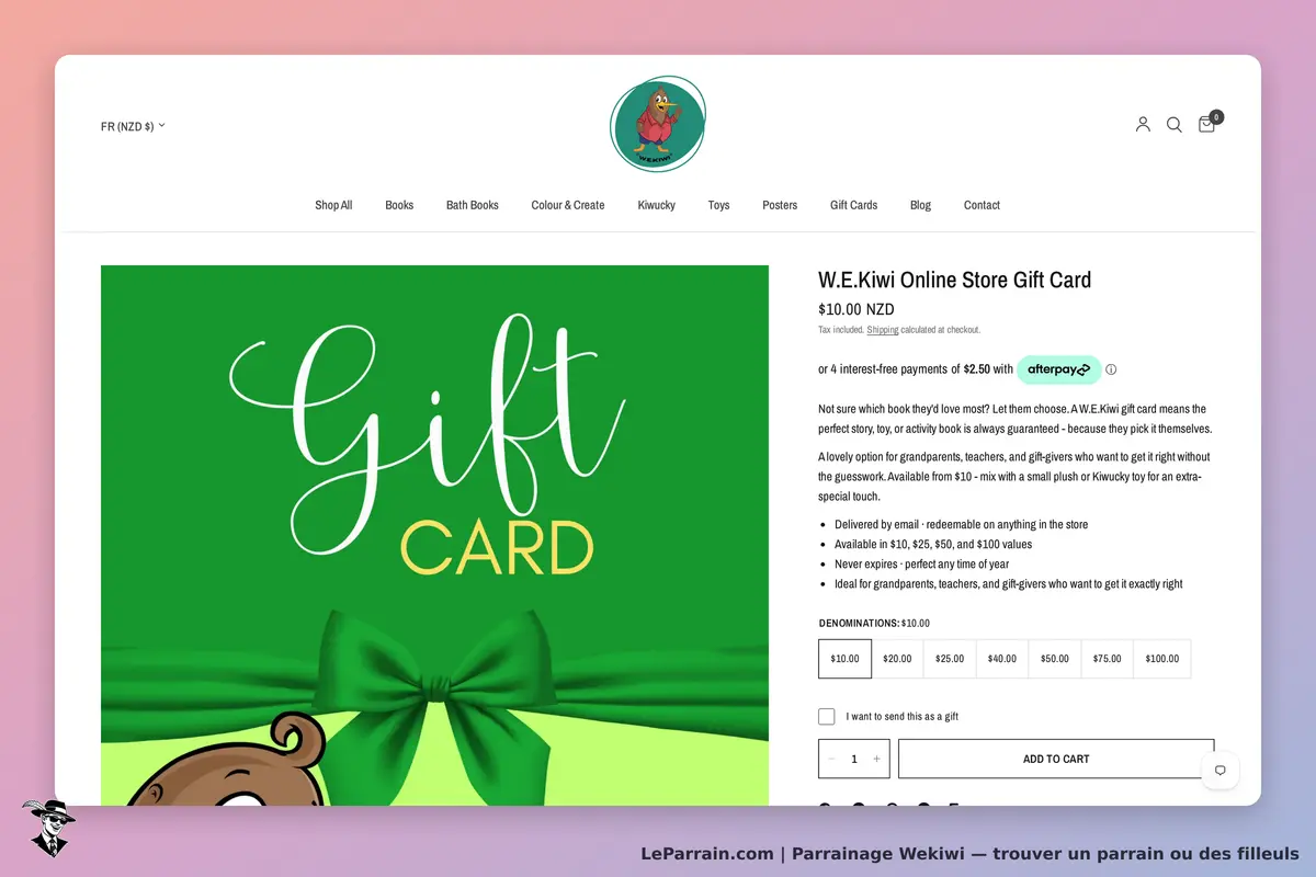 Wekiwi : carte cadeau en ligne sur fond vert avec un nœud, options de montant et d'ajout au panier