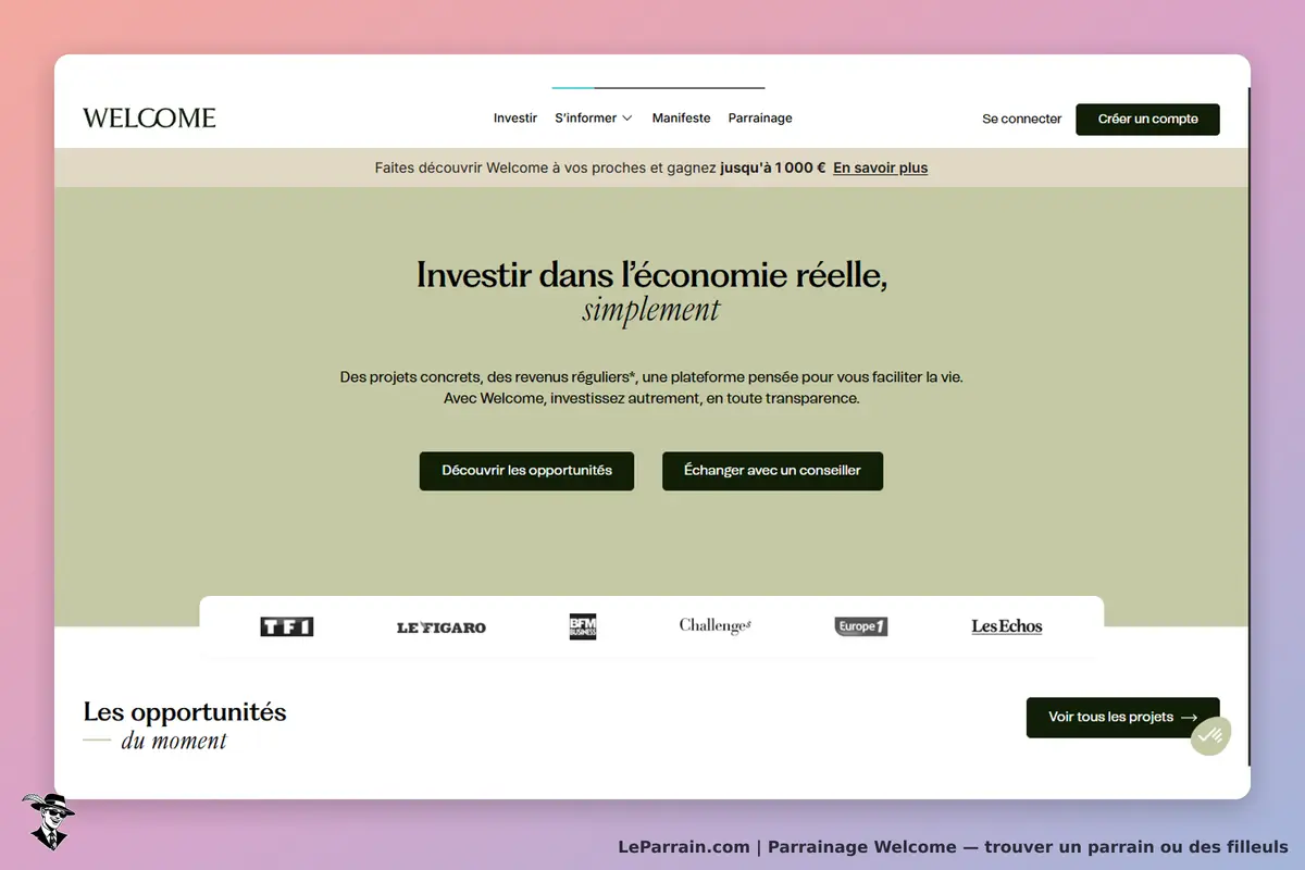 Welcome : page d'accueil présentant des projets d'investissement et deux boutons d'action