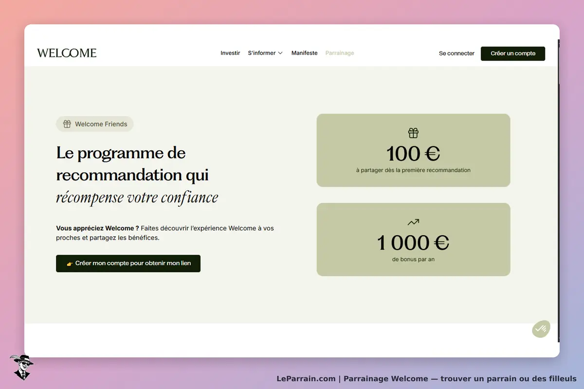 Welcome : page d'accueil présentant un programme de recommandation et un bouton pour créer un