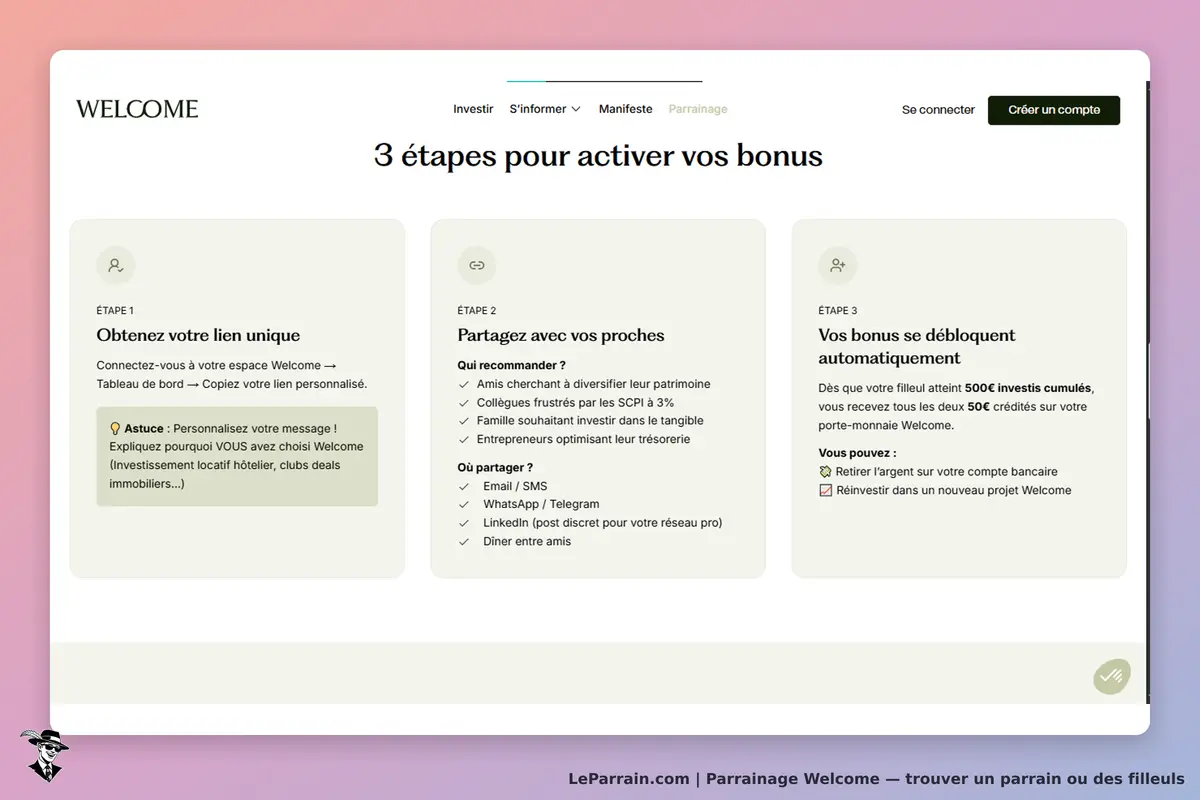 Welcome : trois étapes pour activer vos bonus, avec des instructions et des conseils visibles