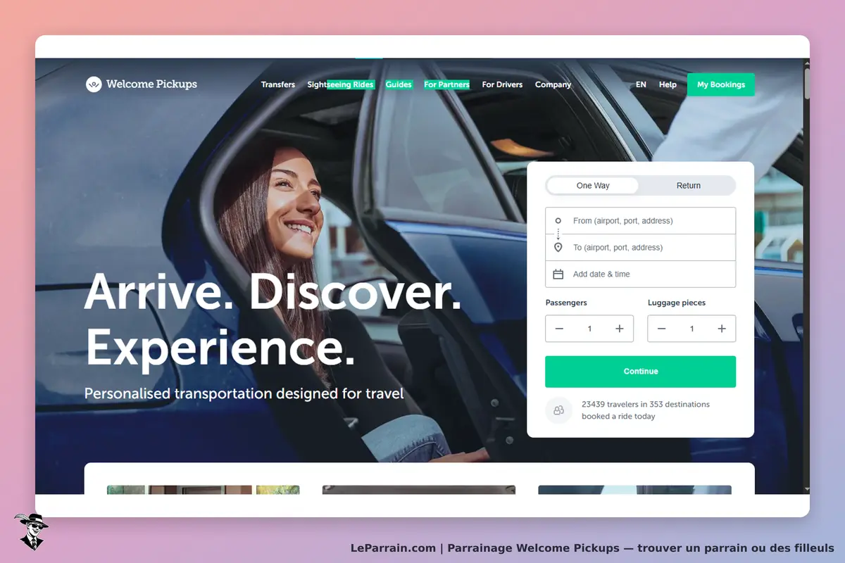 Welcome Pickups : page d'accueil avec formulaire de réservation et image d'une passagère souriante