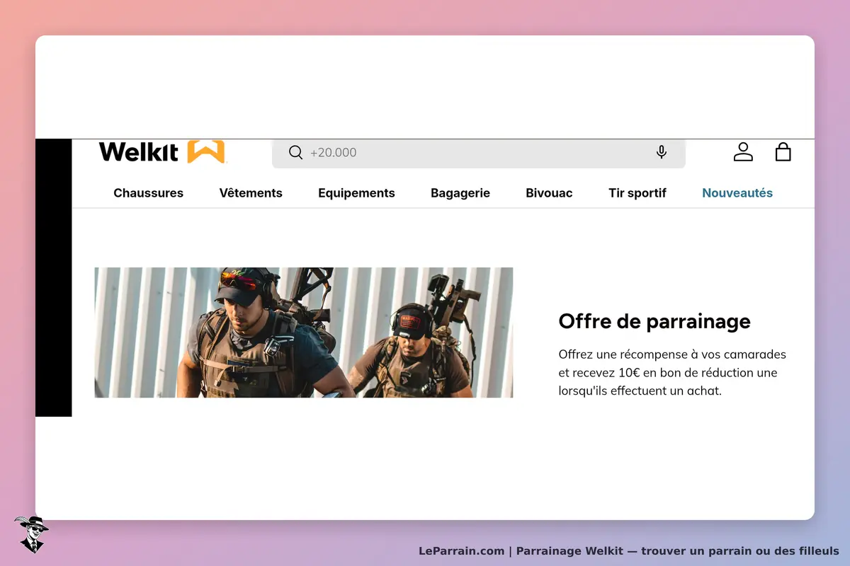 Welkit : page d'accueil présentant des hommes en équipement tactique et une offre de parrainage
