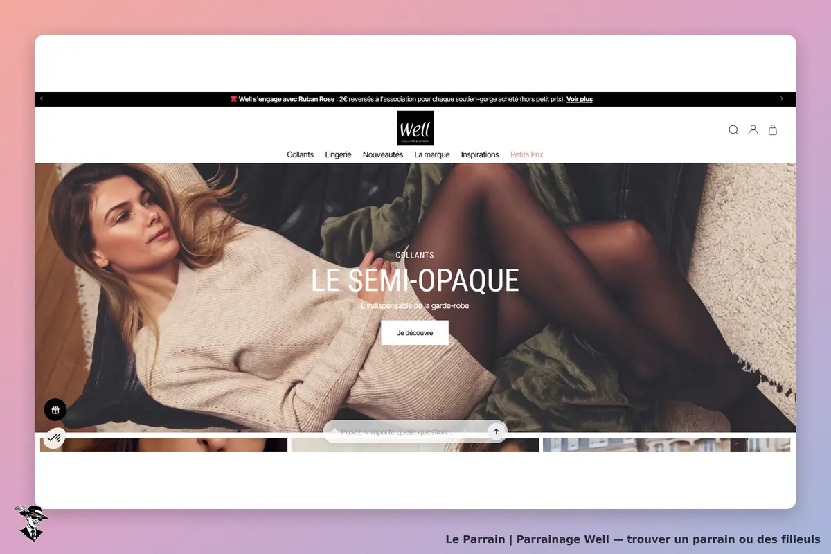 Well : page d'accueil présentant des collants semi-opaques avec une femme en tenue décontractée