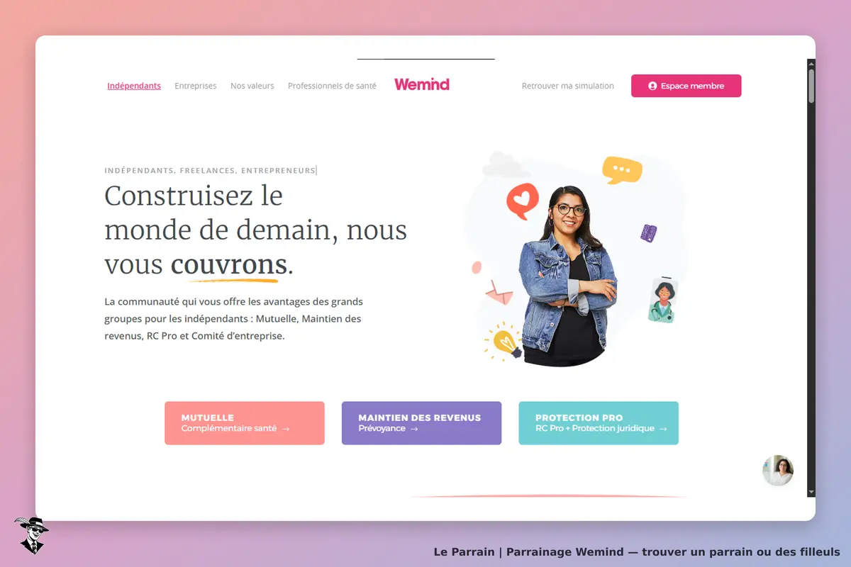 Wemind : page d'accueil présentant des services pour indépendants avec une illustration et une