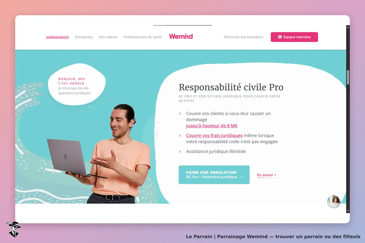 Wemind : page d'accueil présentant un conseiller et des informations sur la responsabilité civile