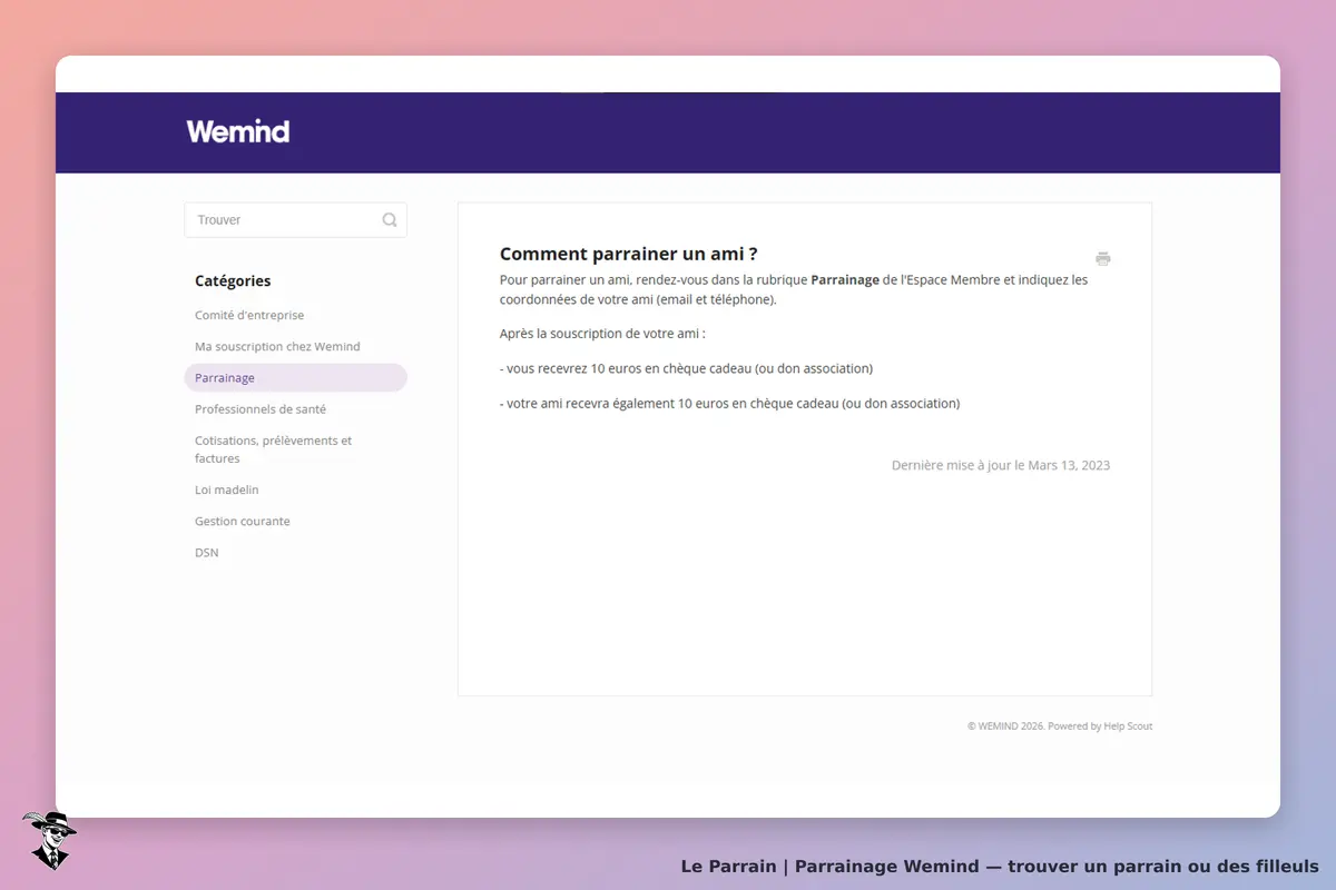 Wemind : page d'accueil avec informations sur le parrainage et catégories à gauche