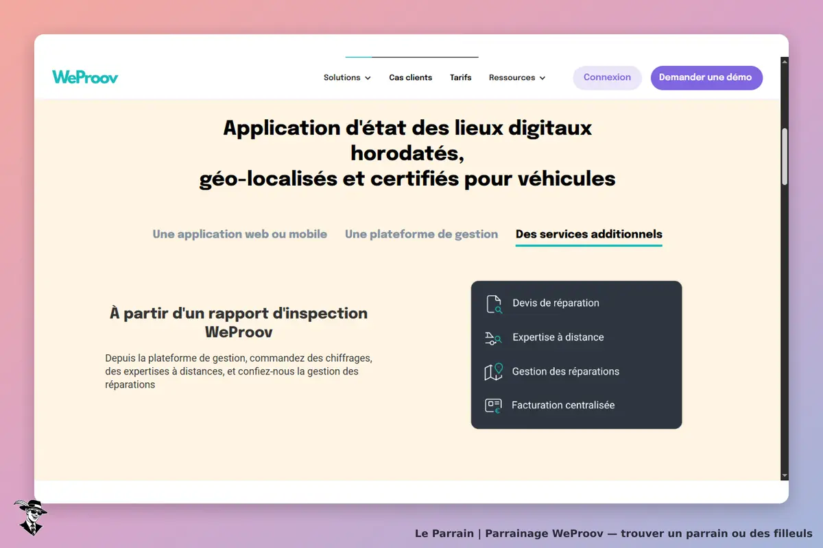 WeProov : page d'accueil présentant l'application d'état des lieux pour véhicules et services