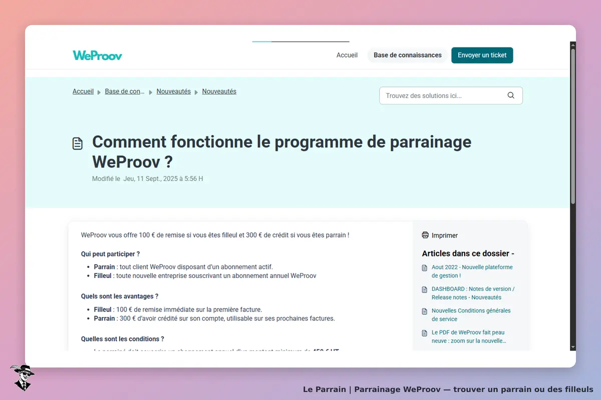 WeProov : page d'accueil présentant le programme de parrainage et ses conditions de participation
