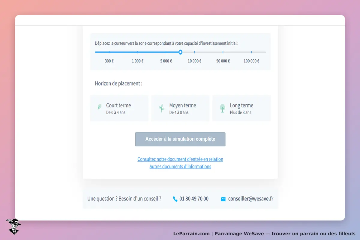 WeSave : interface de simulation d'investissement avec curseur et options de placement