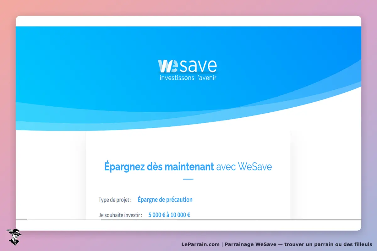 WeSave : page d'accueil avec un message sur l'épargne et un type de projet affiché