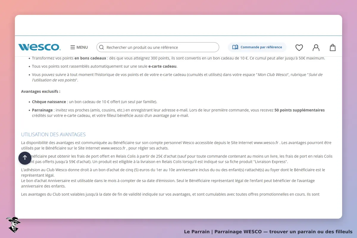 WESCO : page d'accueil avec informations sur les avantages et le parrainage