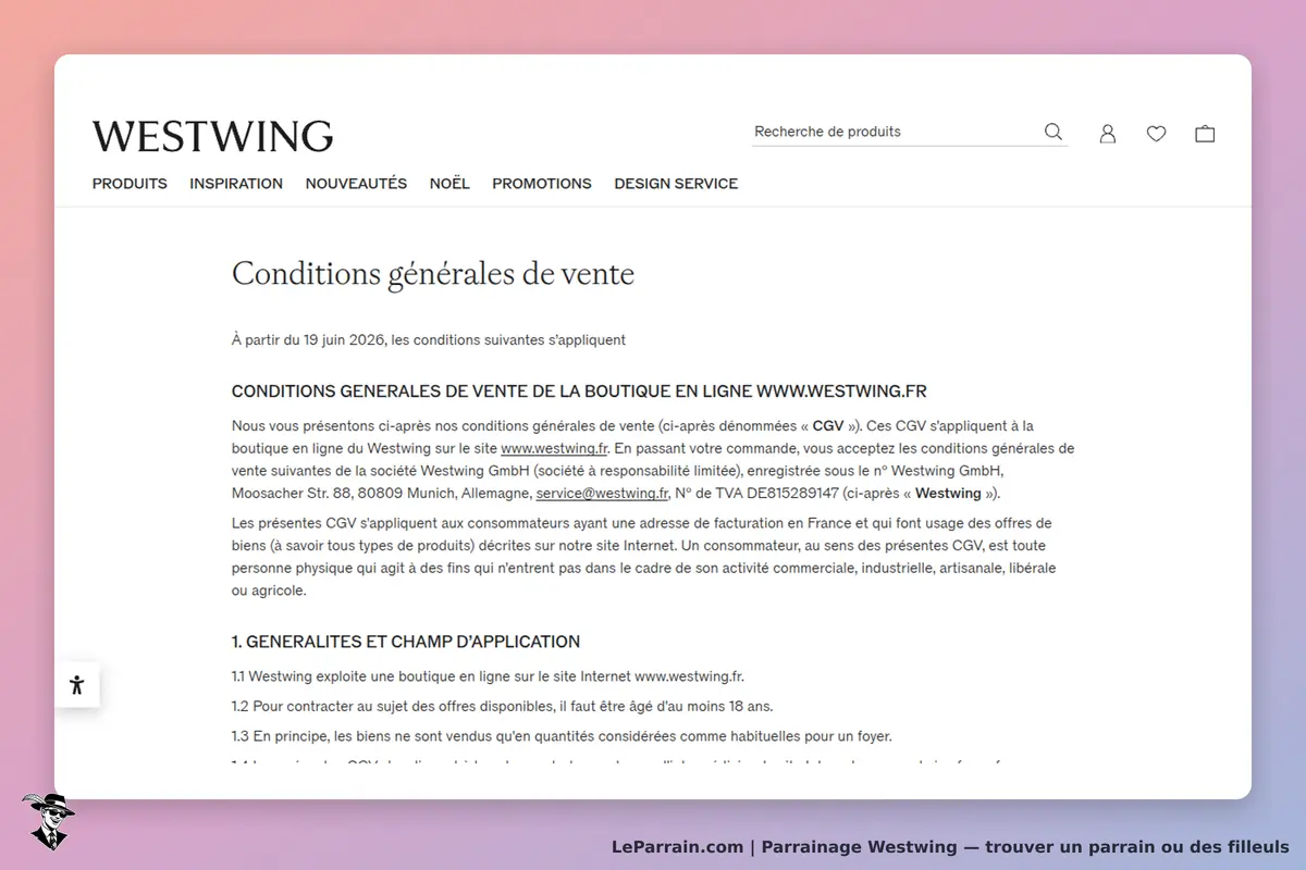 Westwing : conditions générales de vente affichées sur un fond dégradé