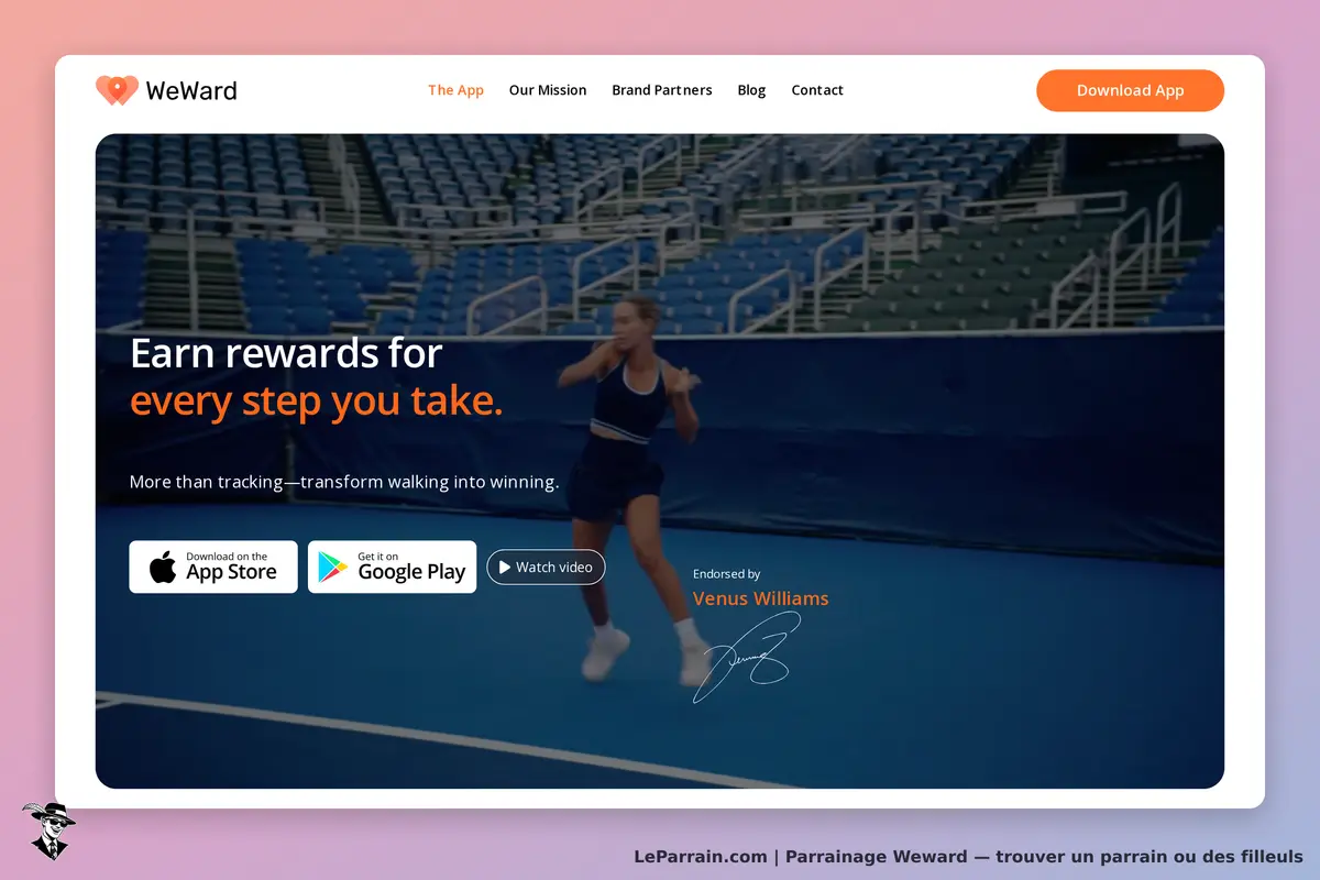 Weward : page d'accueil avec une sportive courant sur un terrain et options de téléchargement