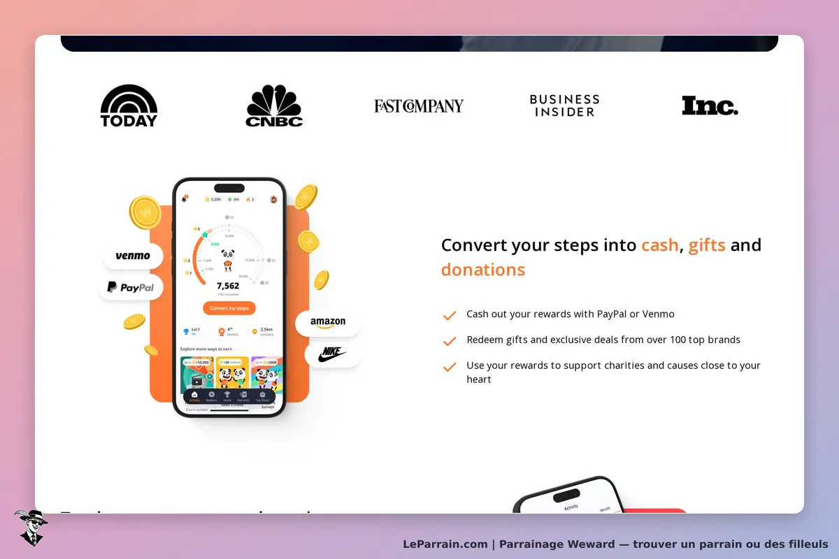 Weward : page d'accueil présentant une application mobile avec des récompenses et logos de