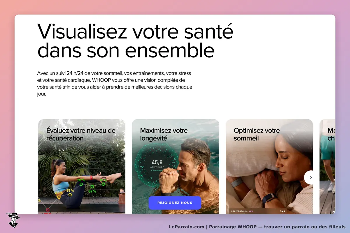 Interface WHOOP pour suivre santé, sommeil et entraînements avec conseils personnalisés.