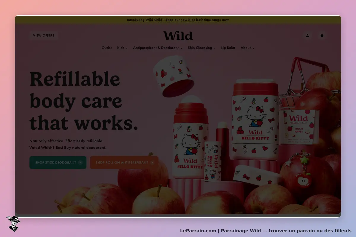 Wild : page d'accueil avec des déodorants Hello Kitty et des pommes en arrière-plan