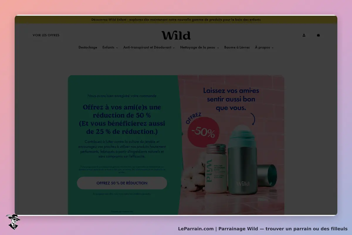 Wild : page d'accueil avec offre de réduction et produits de soins affichés à droite