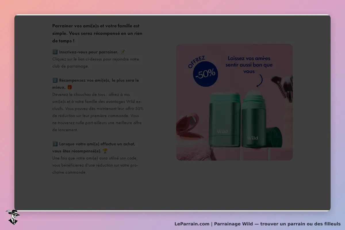 Wild : page d'accueil avec informations sur le parrainage et produits affichés