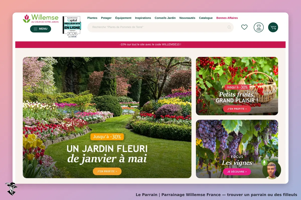 Willemse France : willemse : page d'accueil avec jardin fleuri et sections sur fruits et vignes