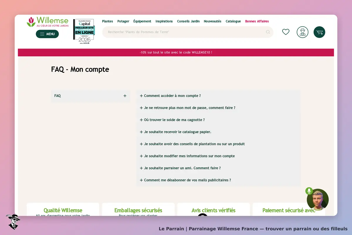 Willemse France : willemse : page FAQ avec questions sur la gestion de compte et assistance client
