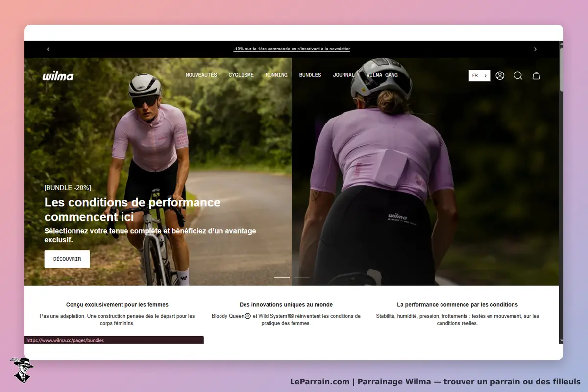 Wilma : page d'accueil avec cycliste en tenue de sport sur fond naturel, texte promotionnel visible
