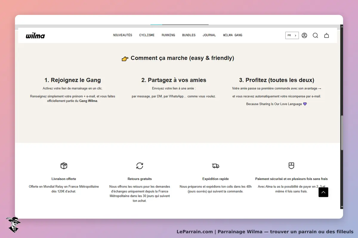 Wilma : page d'accueil avec étapes pour rejoindre le programme de parrainage