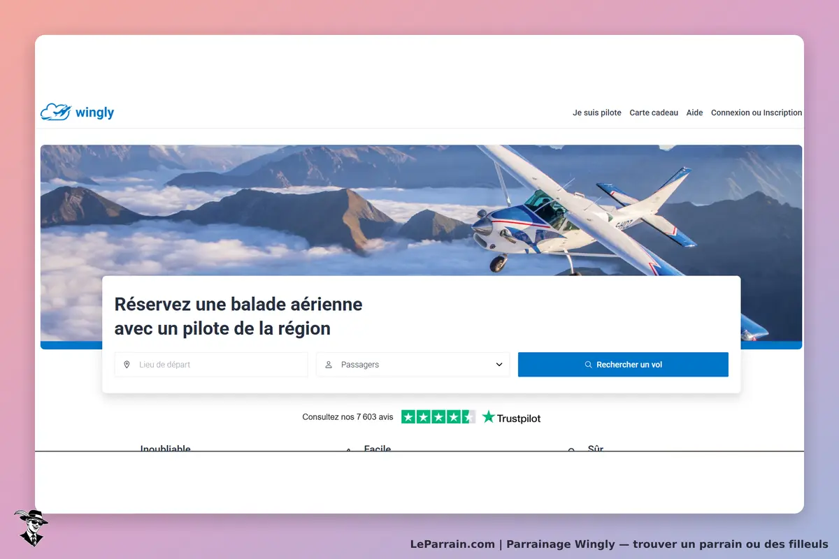 Wingly : page d'accueil avec un formulaire pour réserver une balade aérienne et une image d'avion
