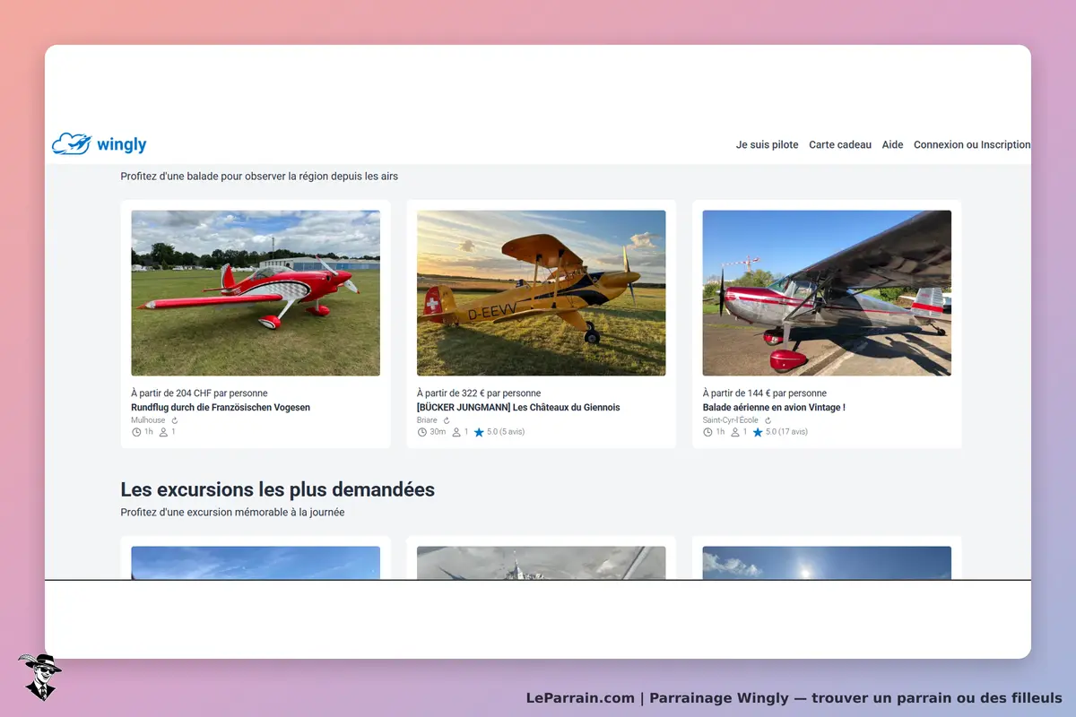 Wingly : page d'accueil présentant des excursions en avion avec images et descriptions