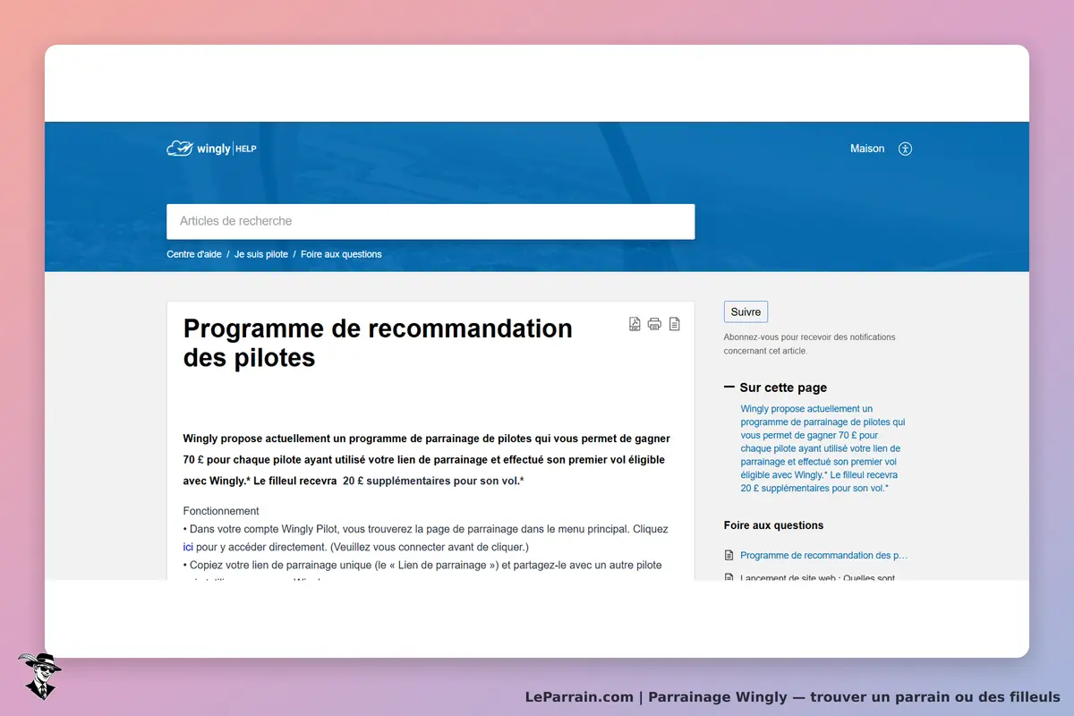 Wingly : page d'aide sur le programme de recommandation des pilotes avec instructions visibles