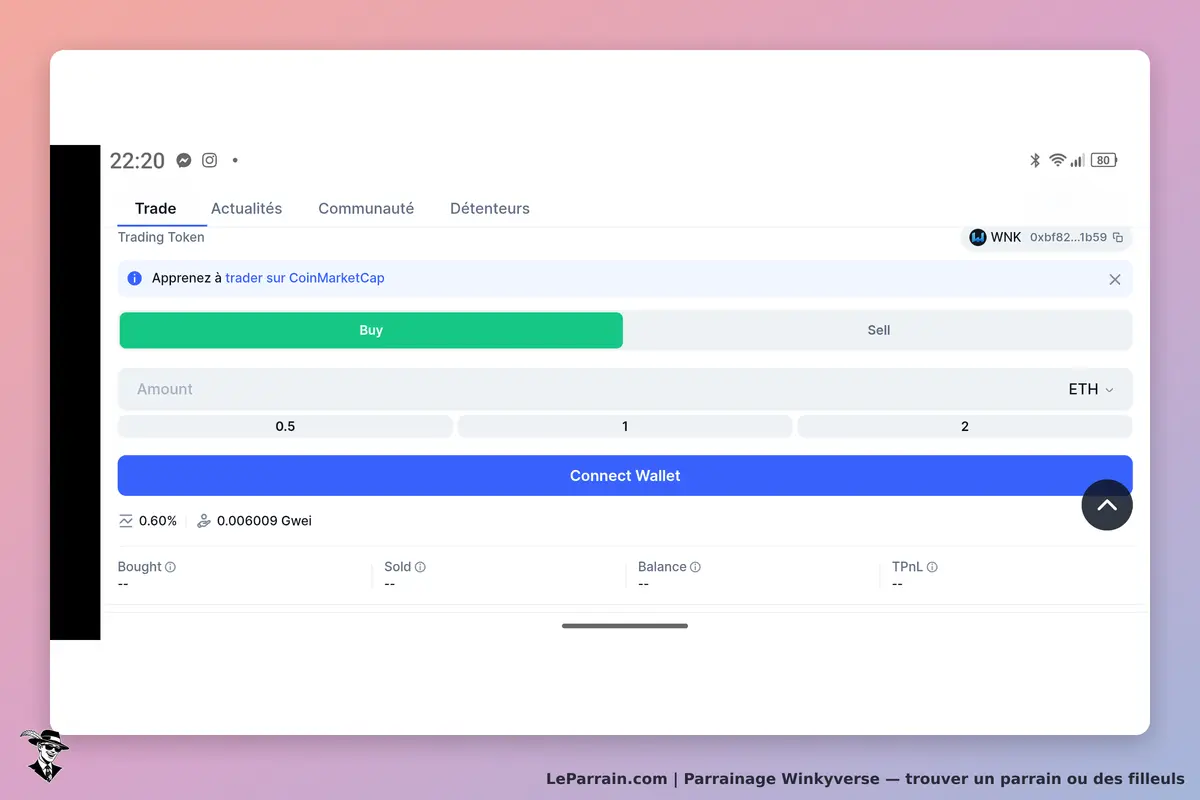 Winkyverse : interface de trading avec options d'achat et de vente de tokens, et connexion de