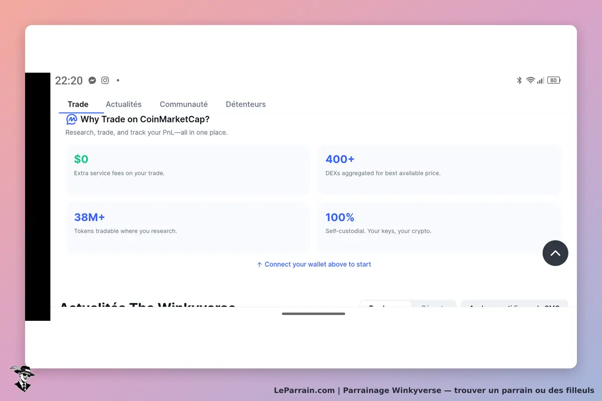 Winkyverse : page d'accueil présentant des informations sur le trading et les tokens disponibles