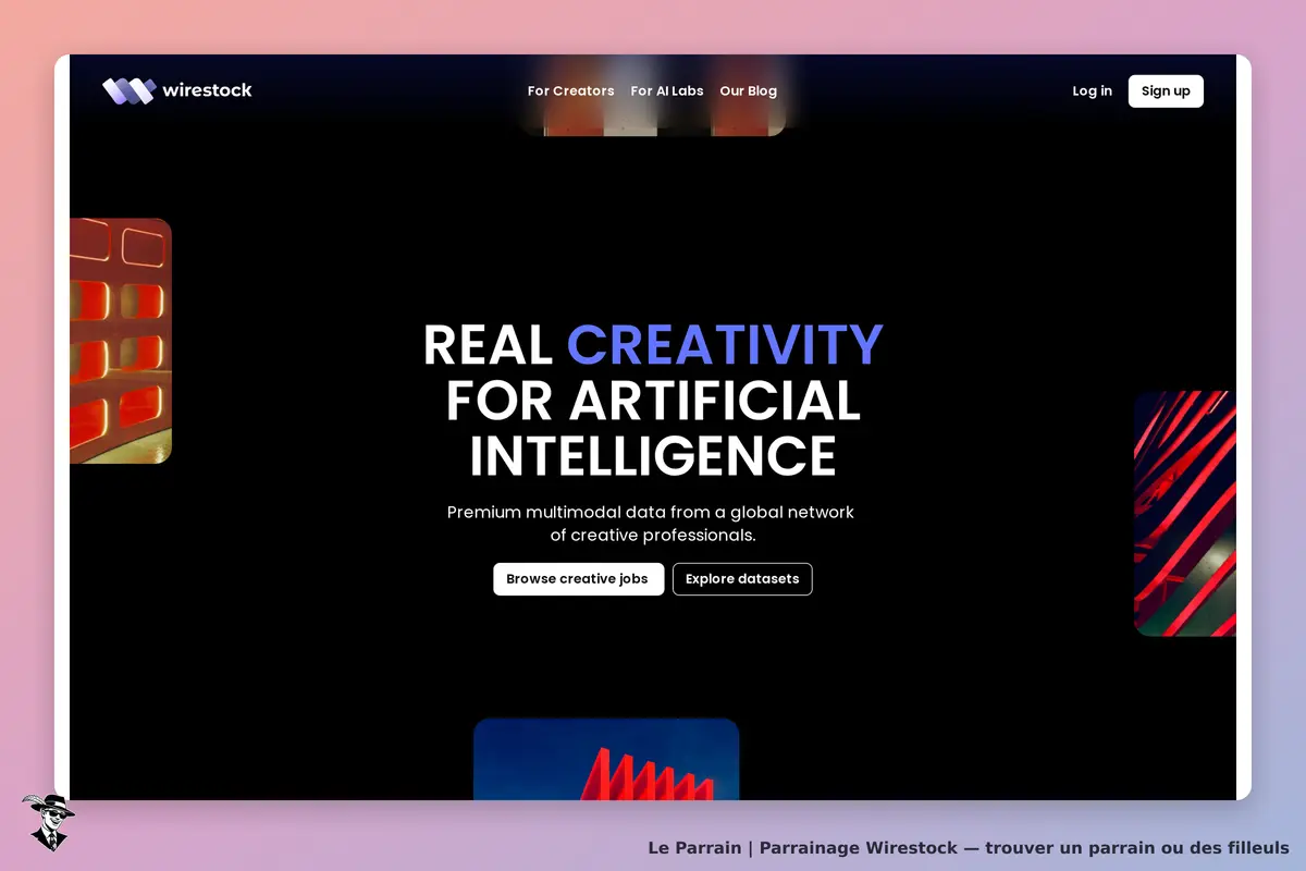Wirestock : page d'accueil présentant des textes sur la créativité et l'intelligence artificielle