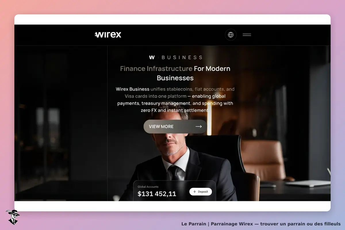 Wirex : page d'accueil présentant des services financiers pour les entreprises modernes