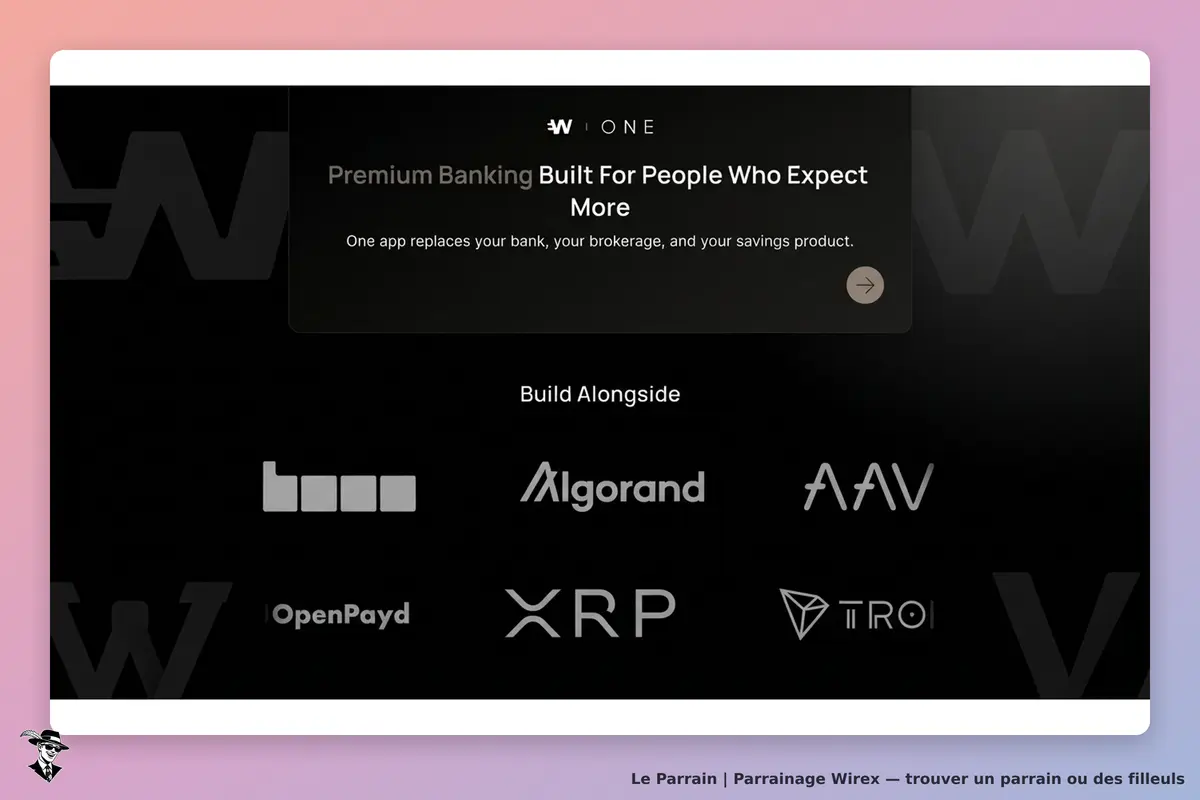 Wirex : page d'accueil présentant le service de banque premium et des logos de partenaires
