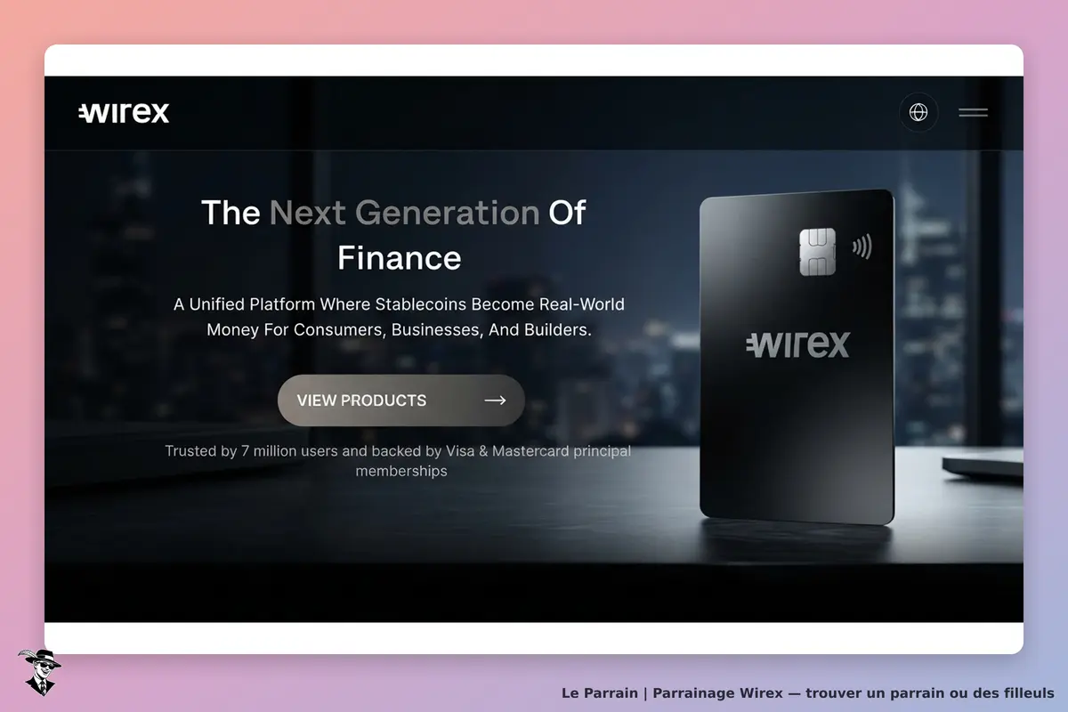 Wirex : page d'accueil présentant une carte et un message sur la finance moderne
