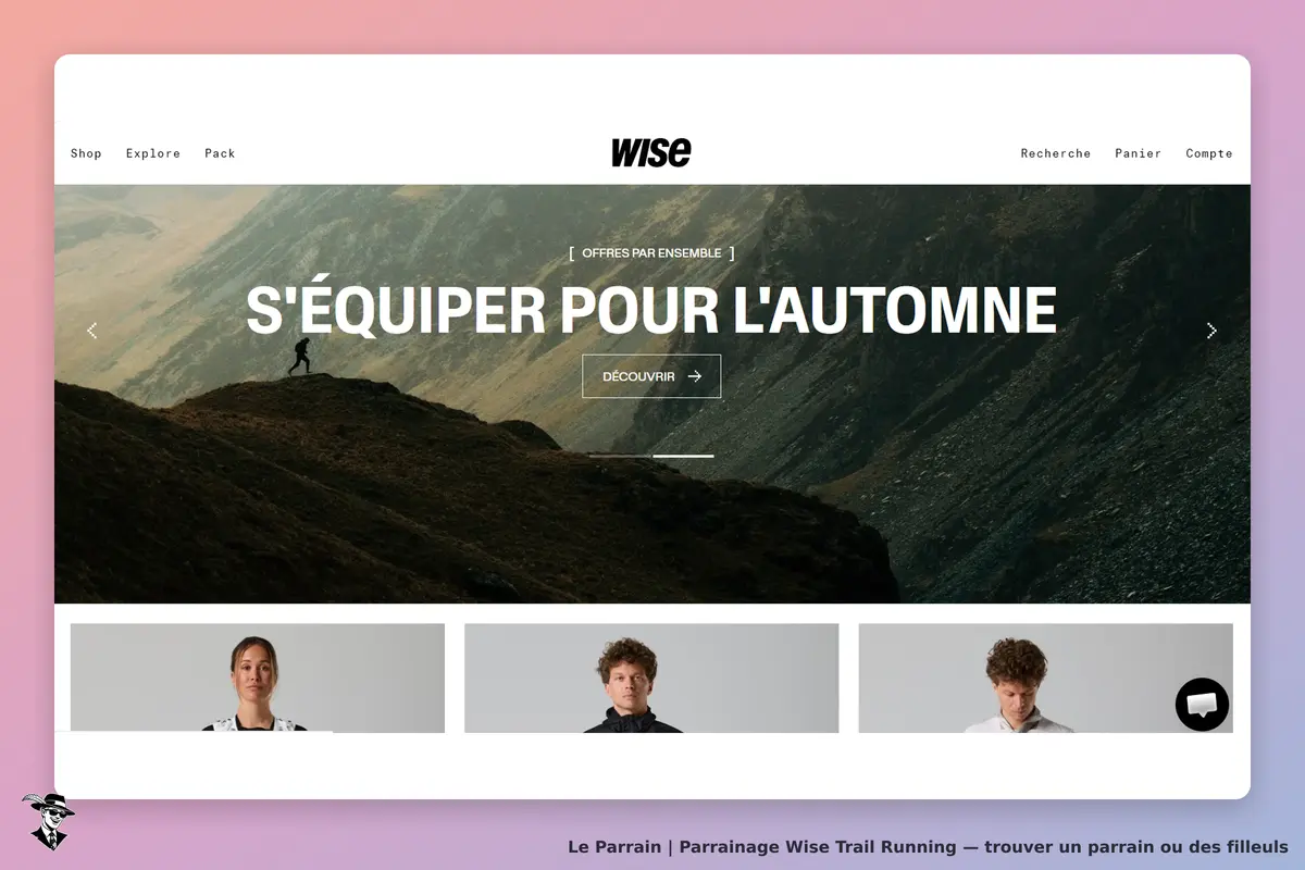 Wise Trail Running : wise : page d'accueil avec un paysage montagneux et des modèles en bas de