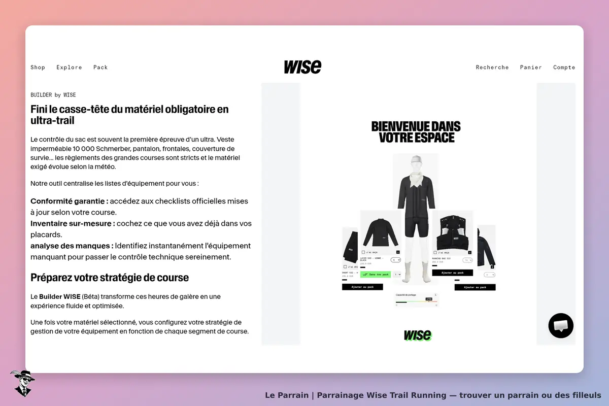 Wise Trail Running : page d'accueil avec un espace de configuration d'équipement de course