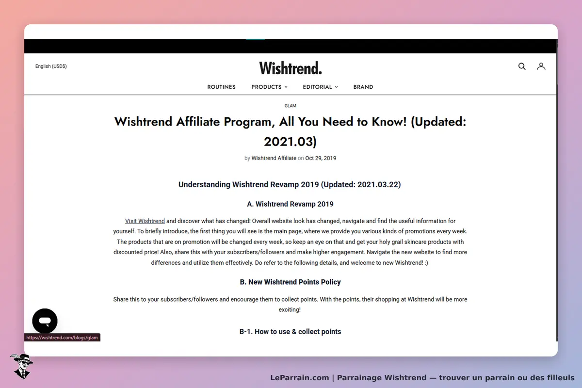 Wishtrend : page d'accueil du programme d'affiliation avec informations sur les promotions