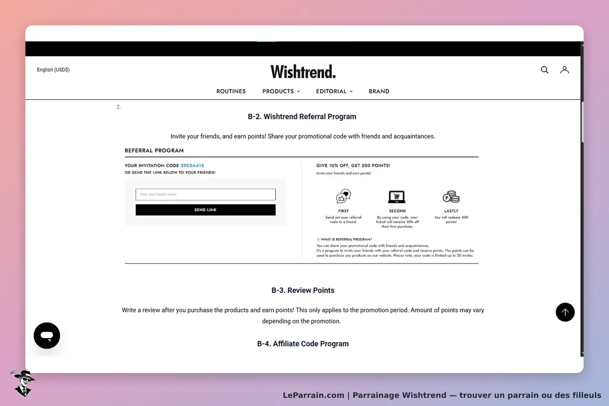 Wishtrend : page sur le programme de parrainage avec code d'invitation et formulaire d'email