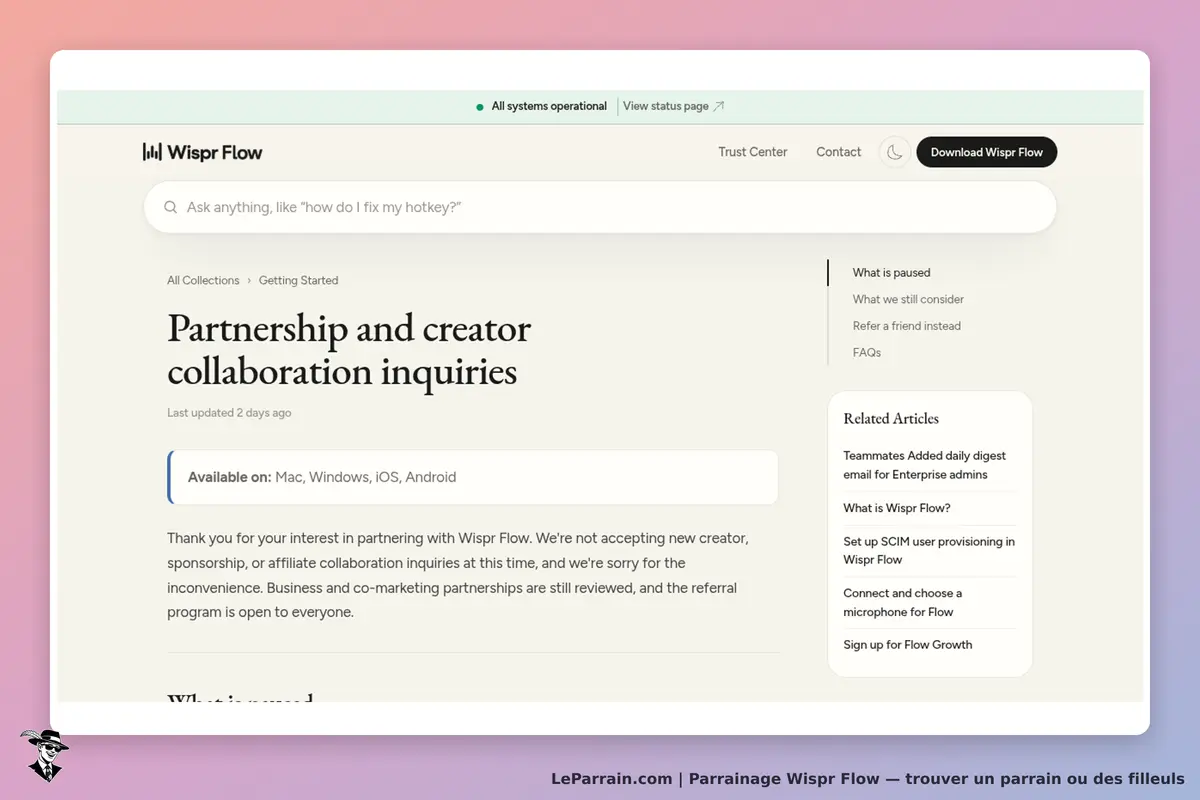 Wispr Flow : page d'accueil avec informations sur les partenariats et un champ de recherche