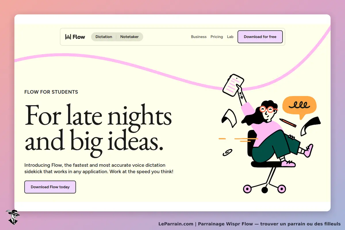 Wispr Flow : page d'accueil avec une illustration d'une étudiante en train de travailler